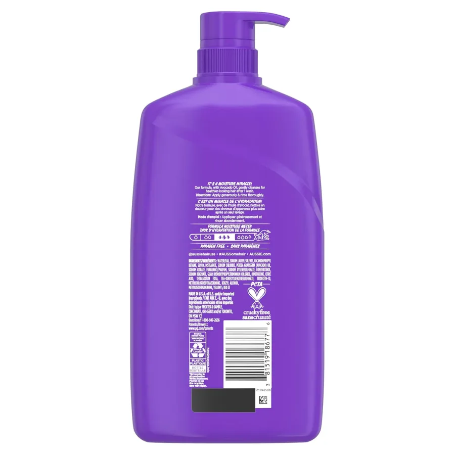 Back label of the Aussie Miracle Moist Shampoo bottle showing directions, moisture meter and ingredient panel