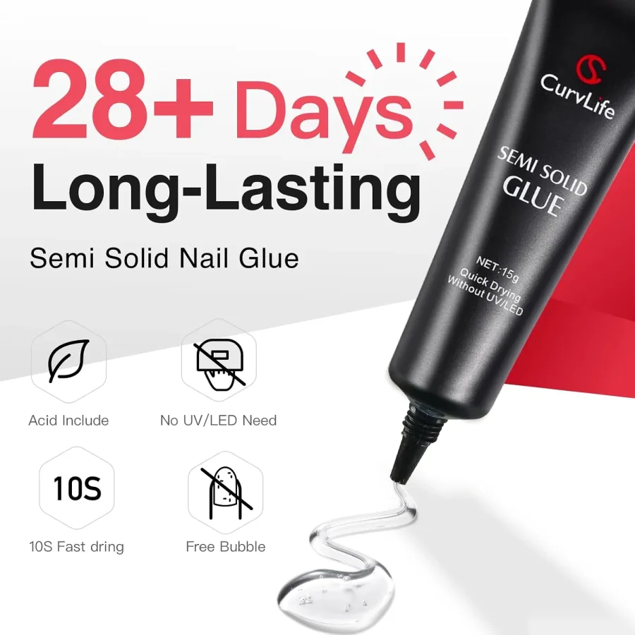 CurvLife semi solid nail glue clear finish on a finished press-on manicure
