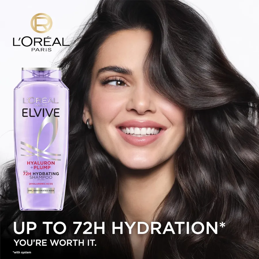 Elvive Hyaluron Plump hydrating shampoo showing the cream formula and label claims