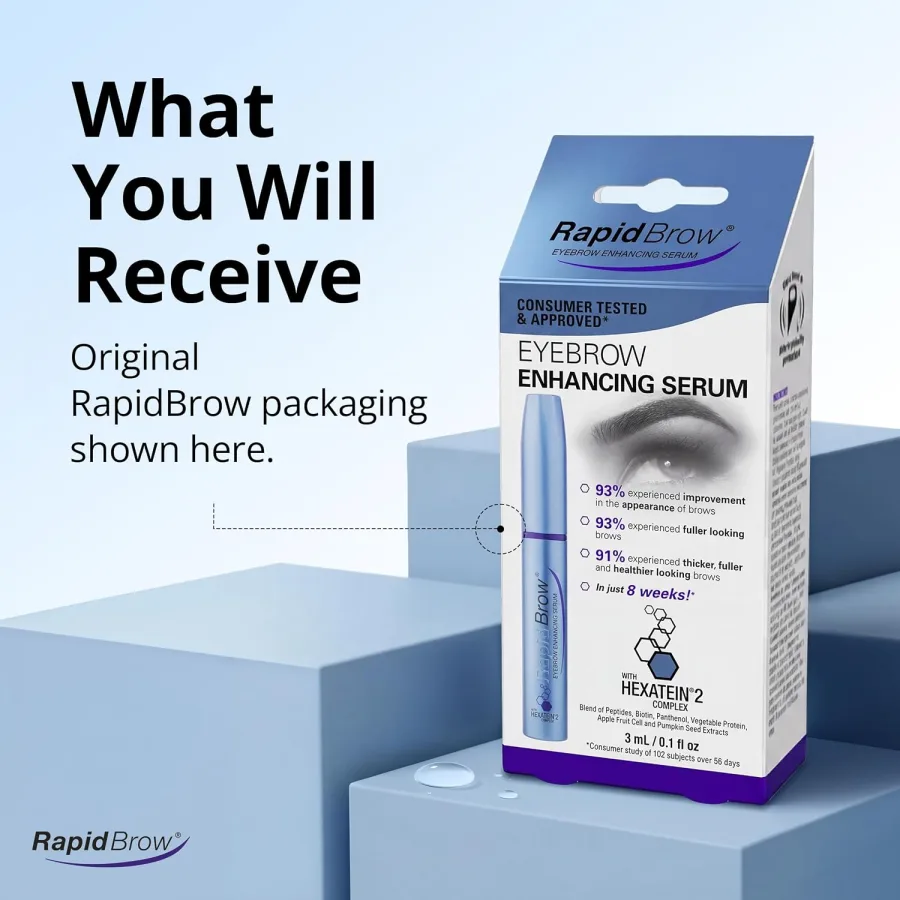 Close-up of eyebrow before and after using RapidBrow Eyebrow Enhancing Serum showing thicker, darker brow hair