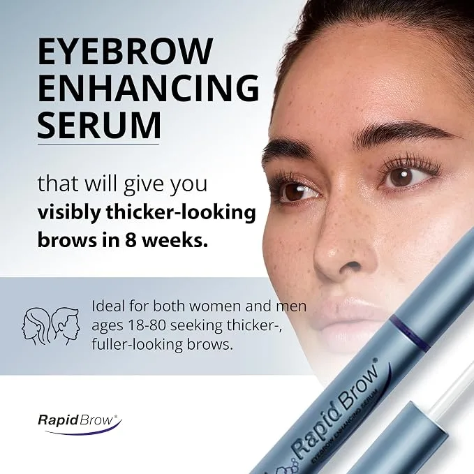 RapidBrow Eyebrow Enhancing Serum two-month supply packaging next to the applicator tube